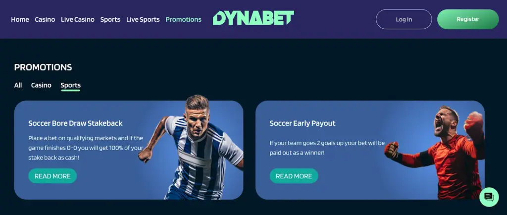 Dynabet Casino sports betting promotions showing Soccer Bore Draw Stakeback and Soccer Early Payout offers.