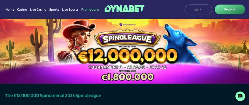 Dynabet casino Spinomenal 2025 Spinoleague tournament banner featuring a western-themed female character and a blue wolf