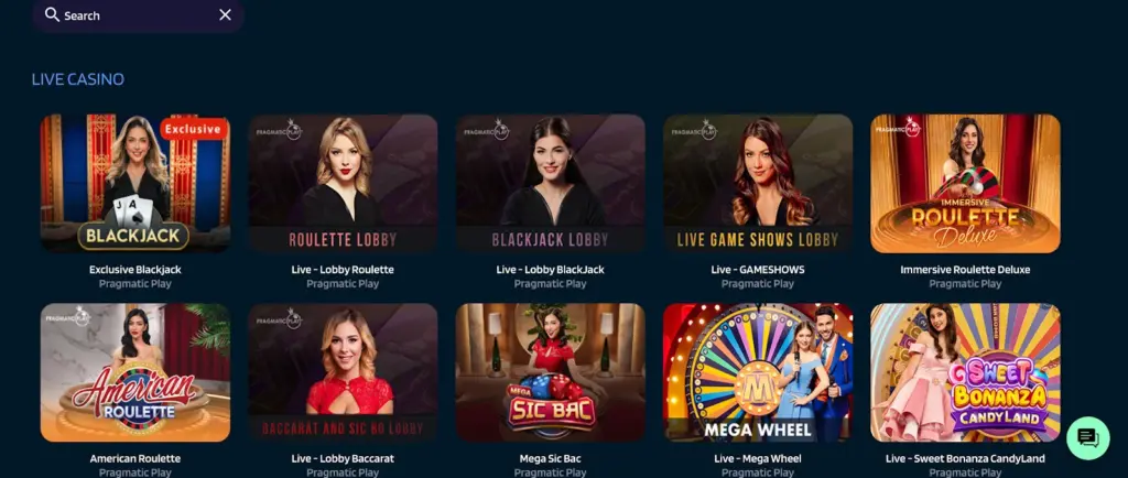Dynabet Casino live dealer games including Exclusive Blackjack, Roulette Lobby, Live Blackjack, Game Shows, and more by Pragmatic Play.