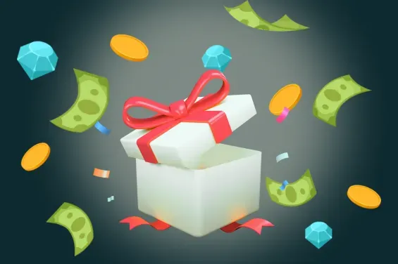 Gift box with money, gems, and coins flying out, representing a bonus or promotion.