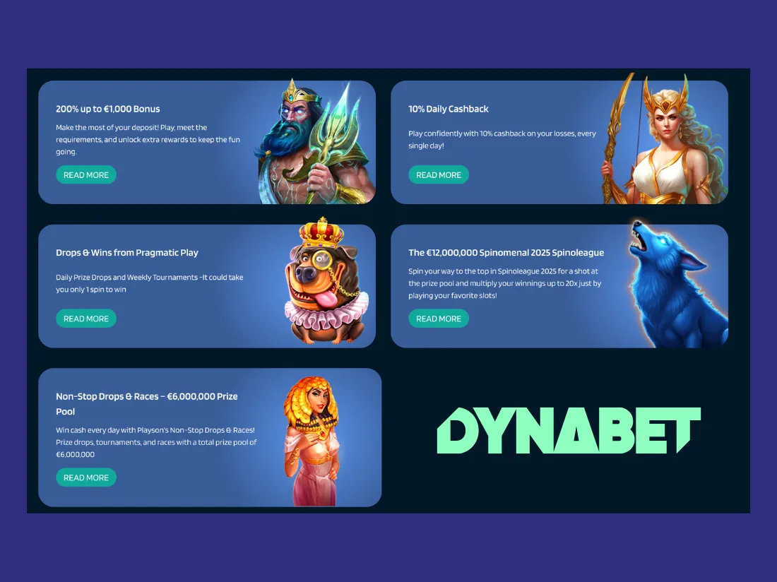 Dynabet Casino bonus promotions including welcome bonus, daily cashback, Drops & Wins, Spinomenal Spinoleague, and Playson Drops & Races.