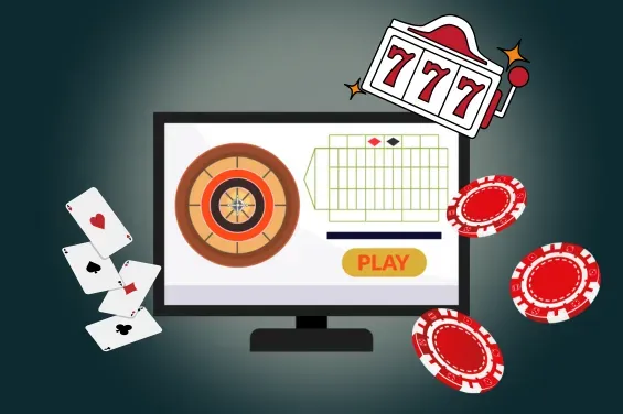 A gaming screen displaying a roulette game with cards, chips, and a 777 slot machine symbol.
