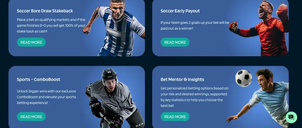 Dynabet sports betting promotions including Soccer Bore Draw Stakeback and Soccer Early Payout offers with football player visuals