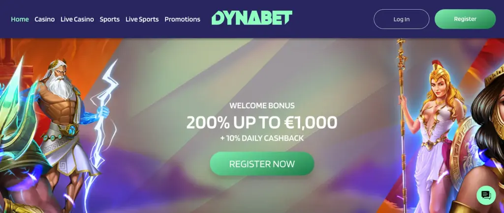 Dynabet casino welcome bonus promotion showing 200% up to €1,000 and 10% daily cashback with fantasy warrior characters