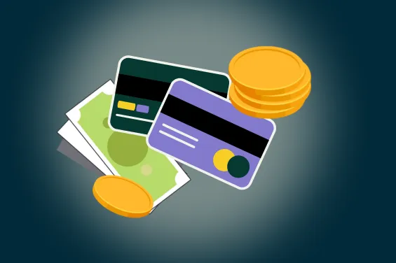 Money, credit cards, and coins representing various payment options for transactions.