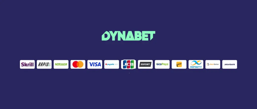 Dynabet Casino payment methods including Skrill, Rapid Transfer, Neteller, Mastercard, Visa, Paysafecard, JCB, Sofort, ecoPayz, Interac, MiFinity, MuchBetter, and Jetonbank logos.