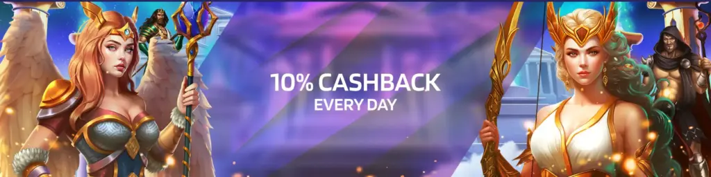 Dynabet Casino 10% daily cashback promotion banner with fantasy characters