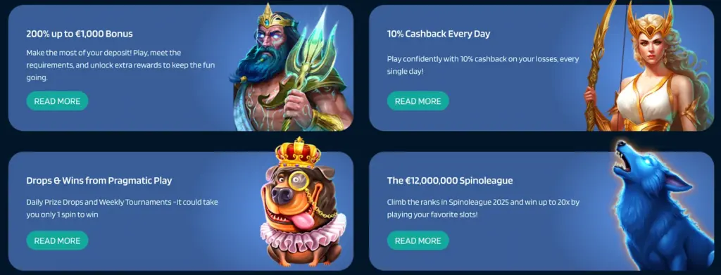 The screen features an array of casino promotions, highlighting colorful graphics and interactive elements for players.