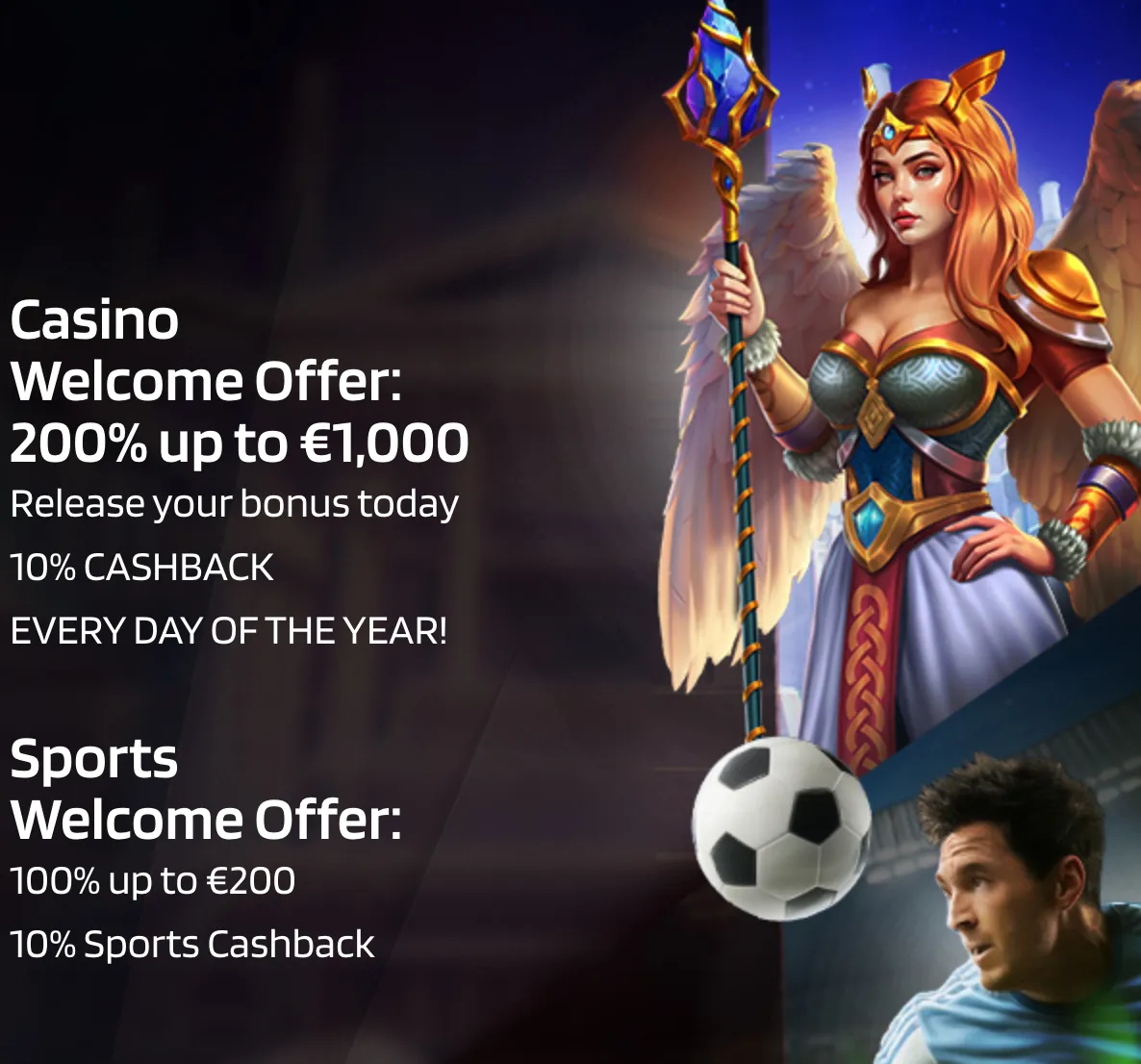 Casino website displays current special offers and deals for customers.