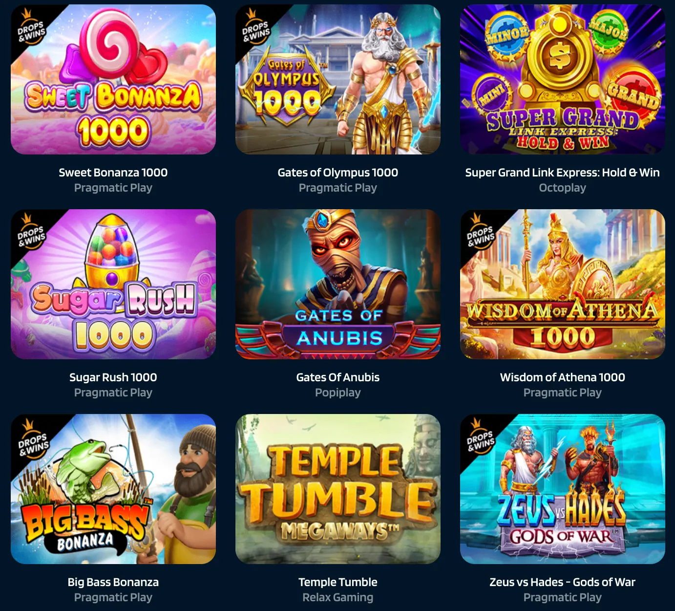 Games section layout showcasing some of the available game options on Dynabet Casino.