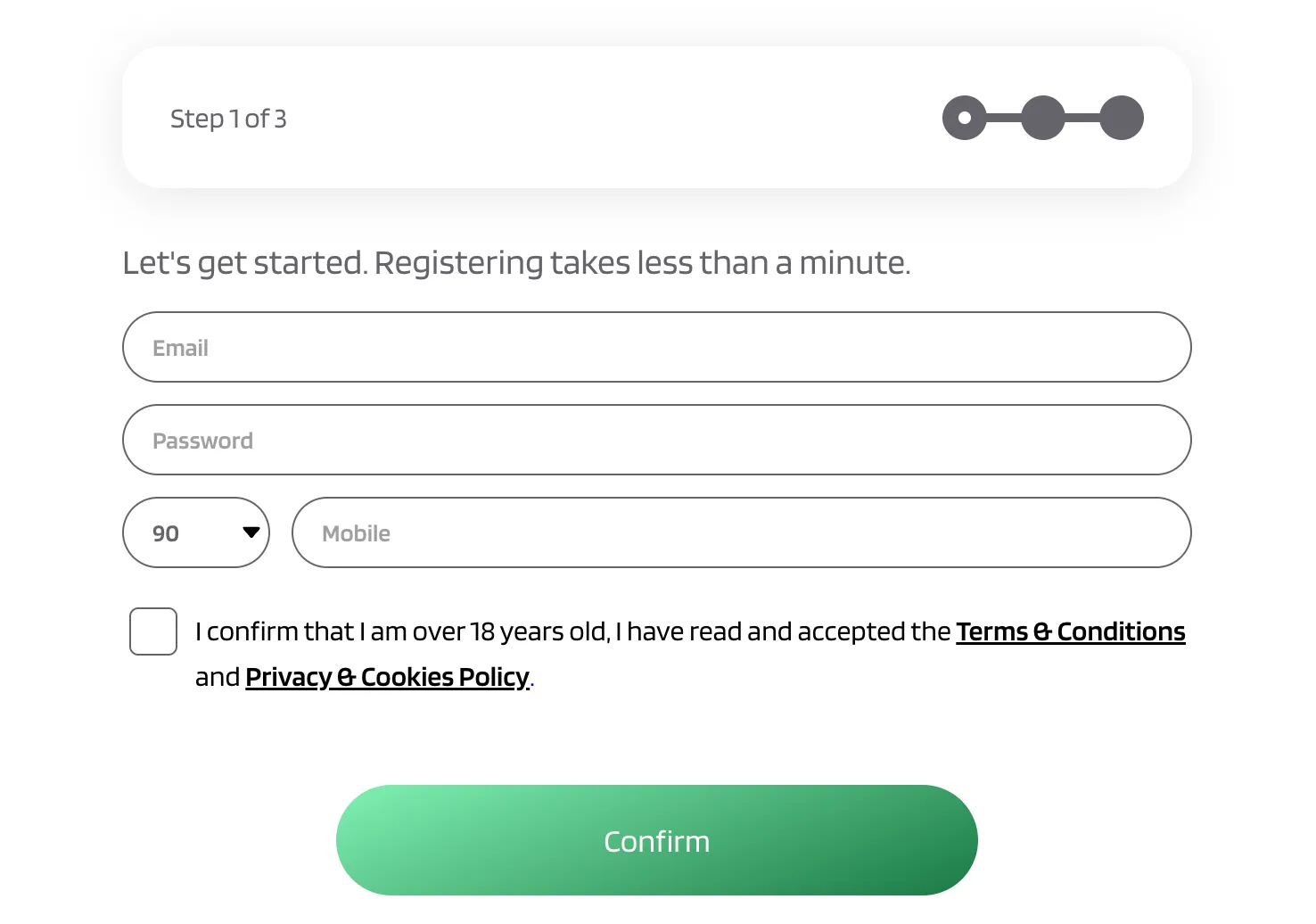 White and clear Registration page of Dynabet Casino.