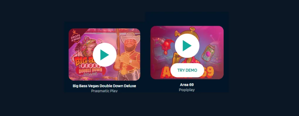 Big Bass Vegas and Area 69 slots with demo play buttons.
