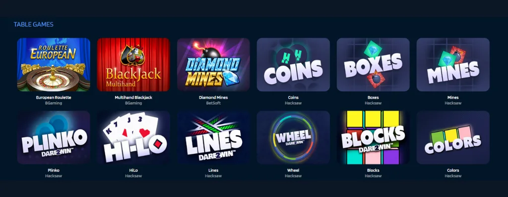 Table games collection with European Roulette, Plinko, and more.